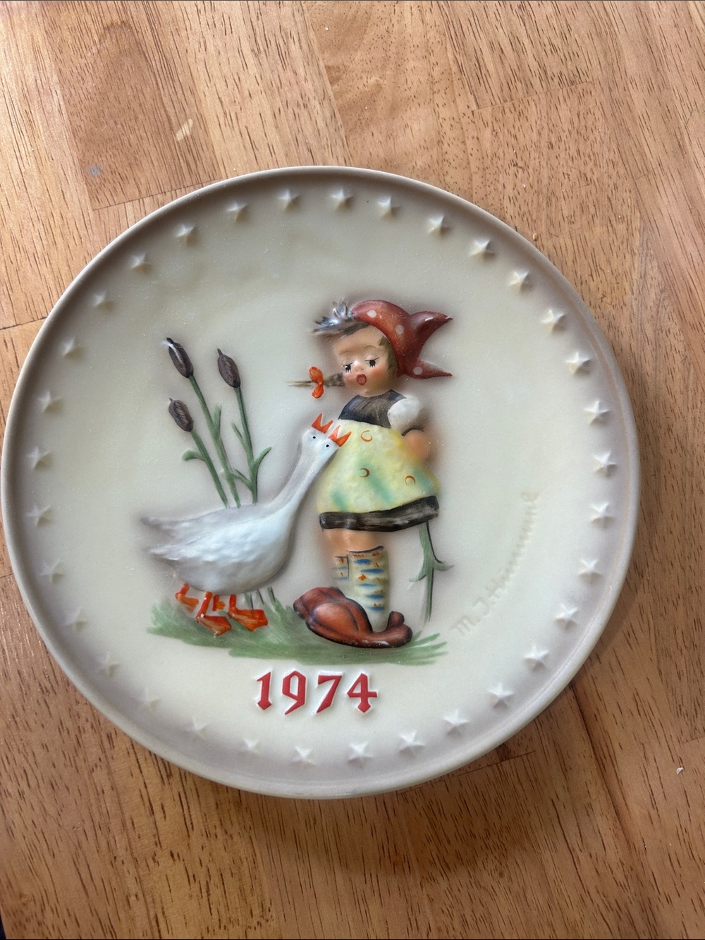 Goebel Cream Wall Plate with Girl and Goose in Red and Orange Accents